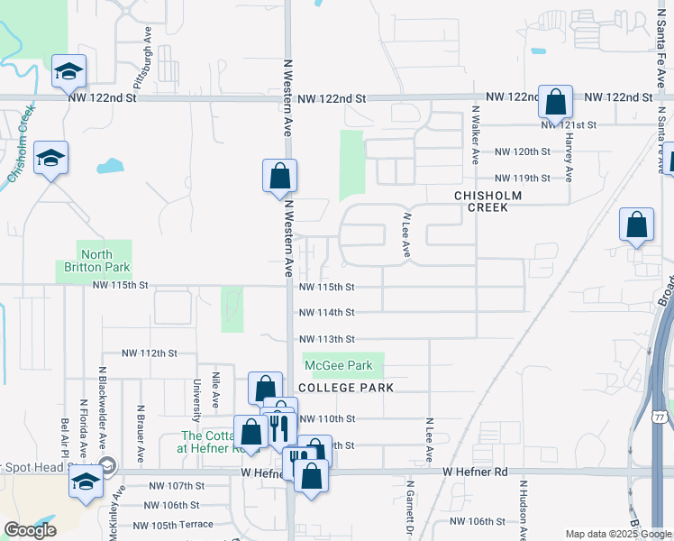 map of restaurants, bars, coffee shops, grocery stores, and more near 829 Northwest 115th Street in Oklahoma City