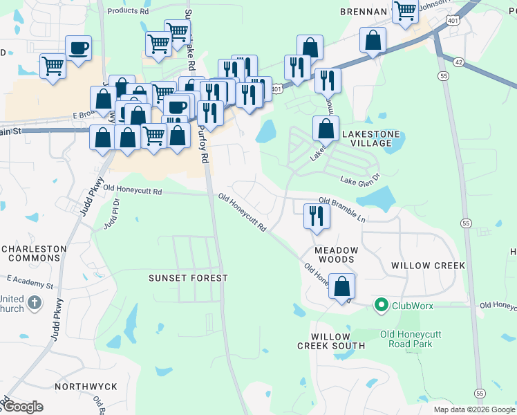 map of restaurants, bars, coffee shops, grocery stores, and more near 1121 Old Bramble Lane in Fuquay-Varina