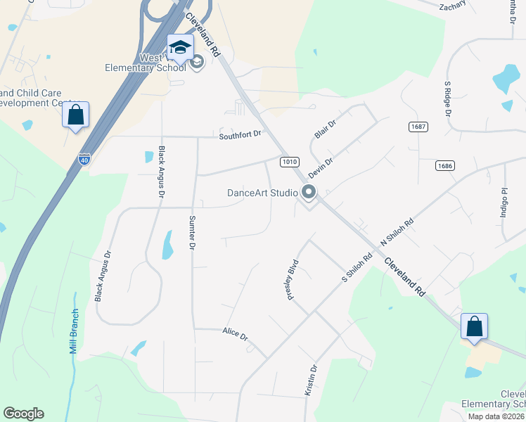 map of restaurants, bars, coffee shops, grocery stores, and more near 126 Christine Drive in Garner