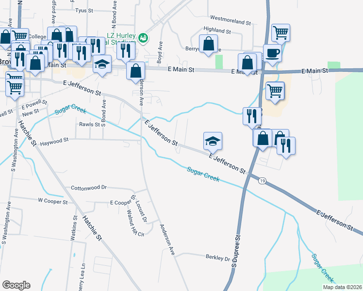 map of restaurants, bars, coffee shops, grocery stores, and more near 1315 East Jefferson Street in Brownsville
