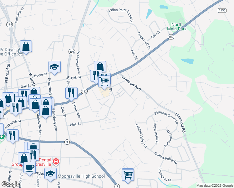 map of restaurants, bars, coffee shops, grocery stores, and more near 1116 Pine Street in Mooresville