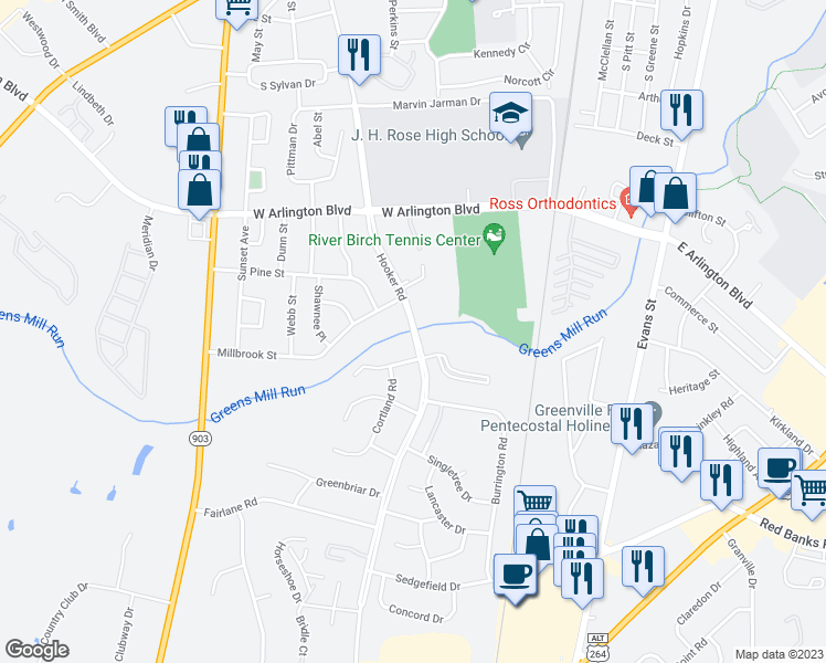 map of restaurants, bars, coffee shops, grocery stores, and more near 876 Hooker Road in Greenville