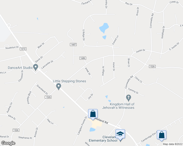 map of restaurants, bars, coffee shops, grocery stores, and more near 8008 Peak Drive in Garner