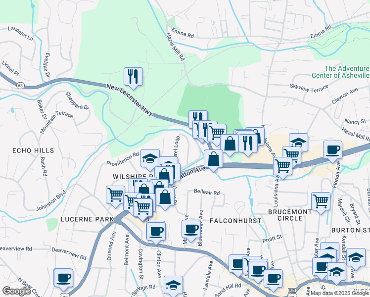 map of restaurants, bars, coffee shops, grocery stores, and more near 40 Laurel Loop in Asheville