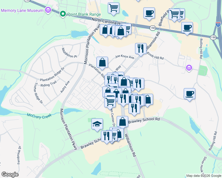 map of restaurants, bars, coffee shops, grocery stores, and more near 105 Singleton Road in Mooresville