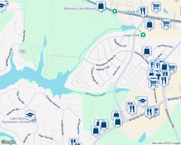 map of restaurants, bars, coffee shops, grocery stores, and more near 116 Trotter Ridge Drive in Mooresville