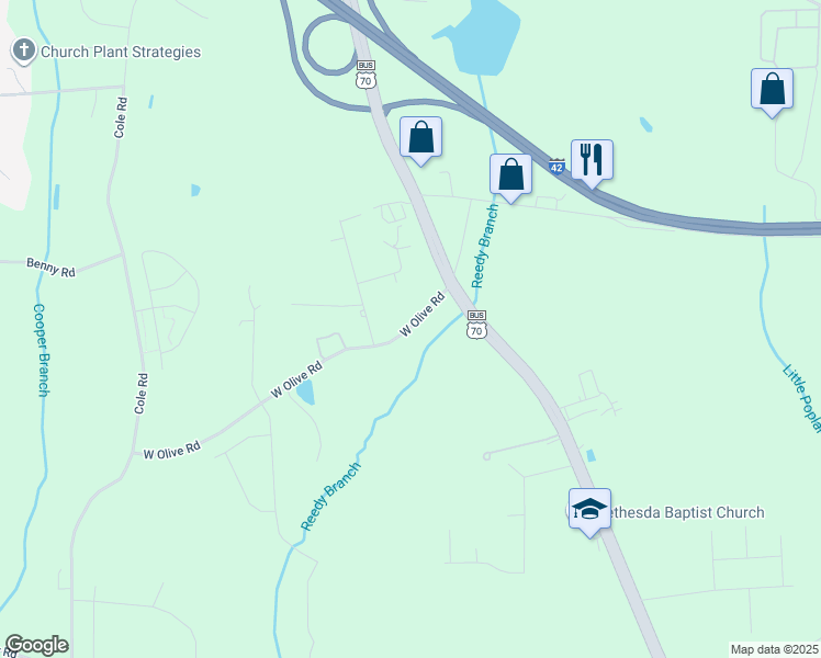 map of restaurants, bars, coffee shops, grocery stores, and more near 4967 U.S. 70 Business in Clayton