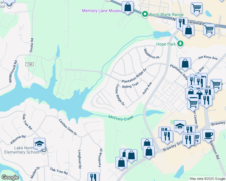 map of restaurants, bars, coffee shops, grocery stores, and more near 116 Trotter Ridge Drive in Mooresville