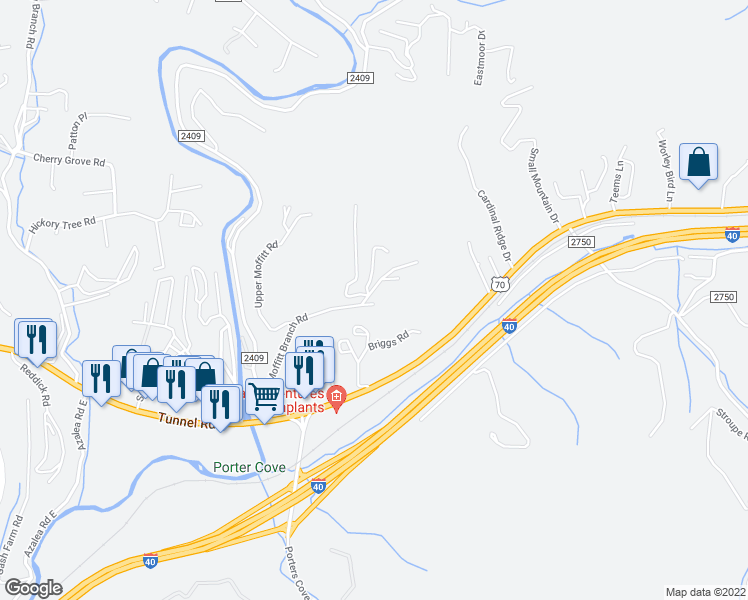 map of restaurants, bars, coffee shops, grocery stores, and more near 10 Moffitt Hill Drive in Asheville