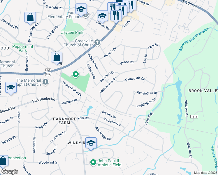 map of restaurants, bars, coffee shops, grocery stores, and more near 1610 Bloomsbury Road in Greenville
