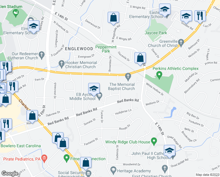 map of restaurants, bars, coffee shops, grocery stores, and more near 107 Azalea Drive in Greenville