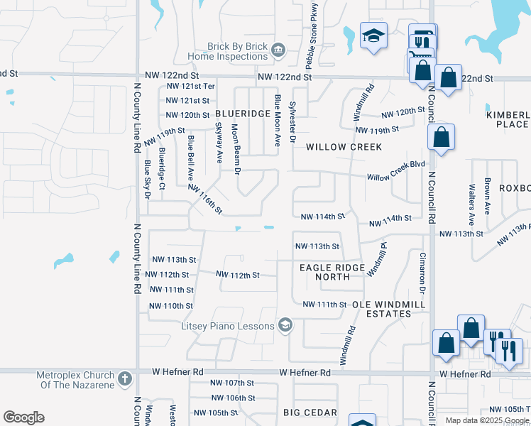 map of restaurants, bars, coffee shops, grocery stores, and more near 8505 Northwest 114th Street in Oklahoma City