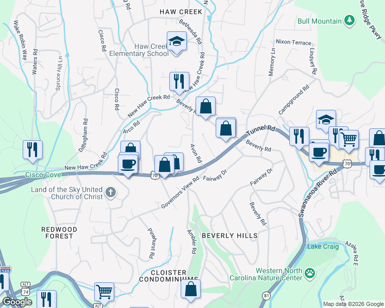 map of restaurants, bars, coffee shops, grocery stores, and more near 860 Tunnel Road in Asheville