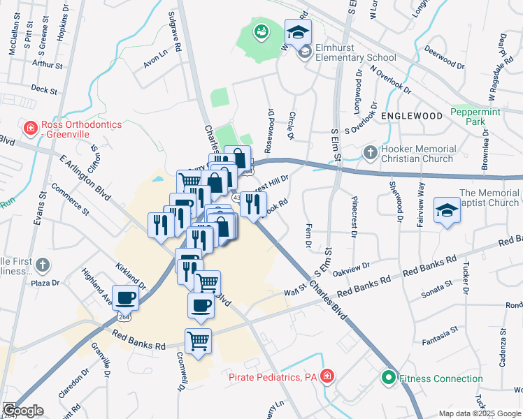 map of restaurants, bars, coffee shops, grocery stores, and more near 2005 Brook Road in Greenville