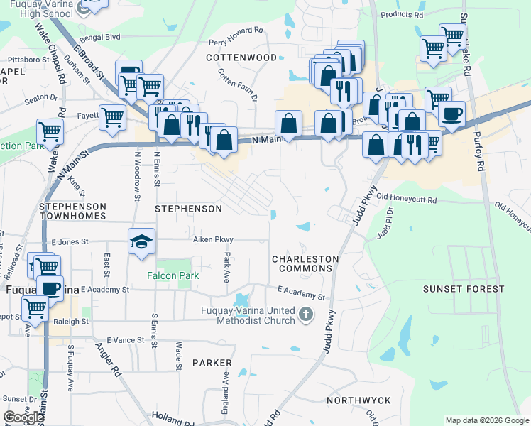 map of restaurants, bars, coffee shops, grocery stores, and more near 126 Oakdale Street in Fuquay-Varina
