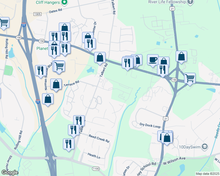 map of restaurants, bars, coffee shops, grocery stores, and more near 176 Easy Street in Mooresville