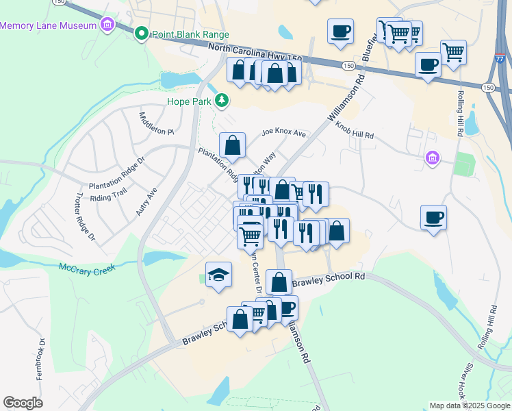 map of restaurants, bars, coffee shops, grocery stores, and more near 118 Town Center Drive in Mooresville