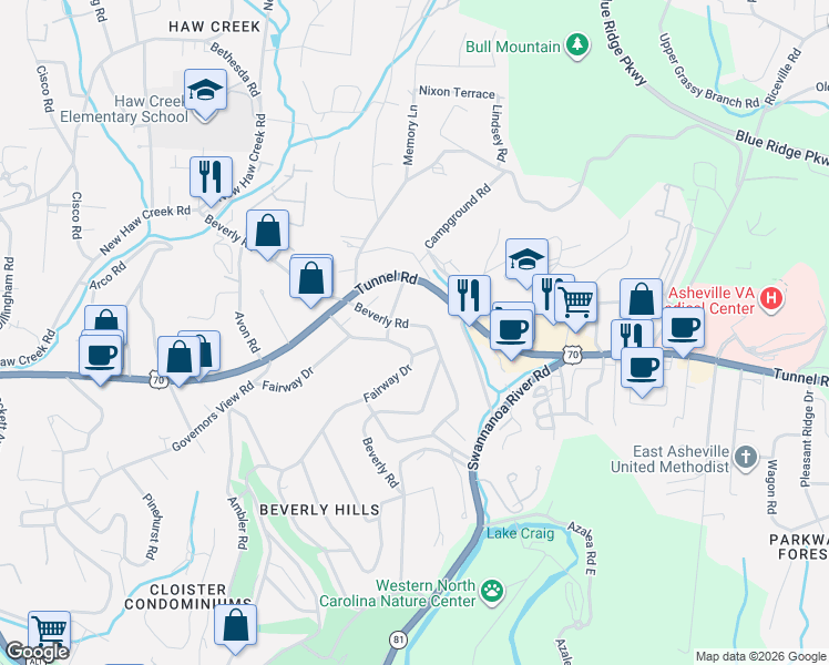 map of restaurants, bars, coffee shops, grocery stores, and more near 66 Fairway Drive in Asheville