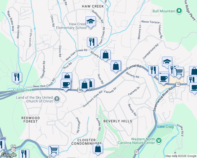 map of restaurants, bars, coffee shops, grocery stores, and more near 860 Tunnel Road in Asheville