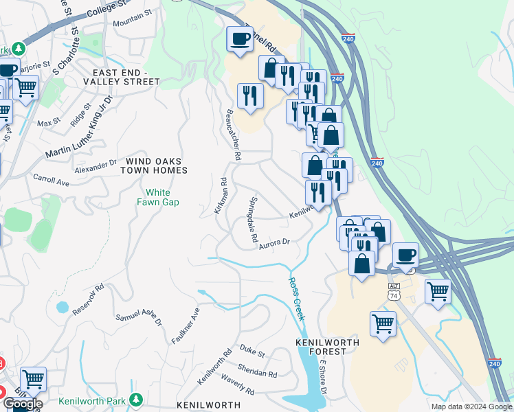 map of restaurants, bars, coffee shops, grocery stores, and more near 455 Kenilworth Road in Asheville