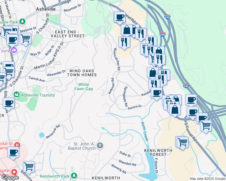 map of restaurants, bars, coffee shops, grocery stores, and more near 74 Aurora Drive in Asheville