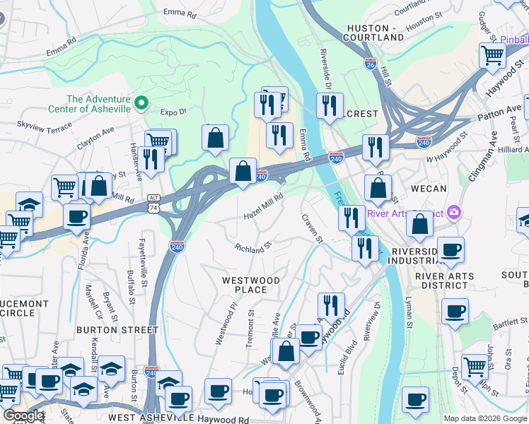 map of restaurants, bars, coffee shops, grocery stores, and more near 281 Westwood Place in Asheville