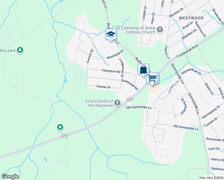 map of restaurants, bars, coffee shops, grocery stores, and more near 205 Hunter Drive in Columbia