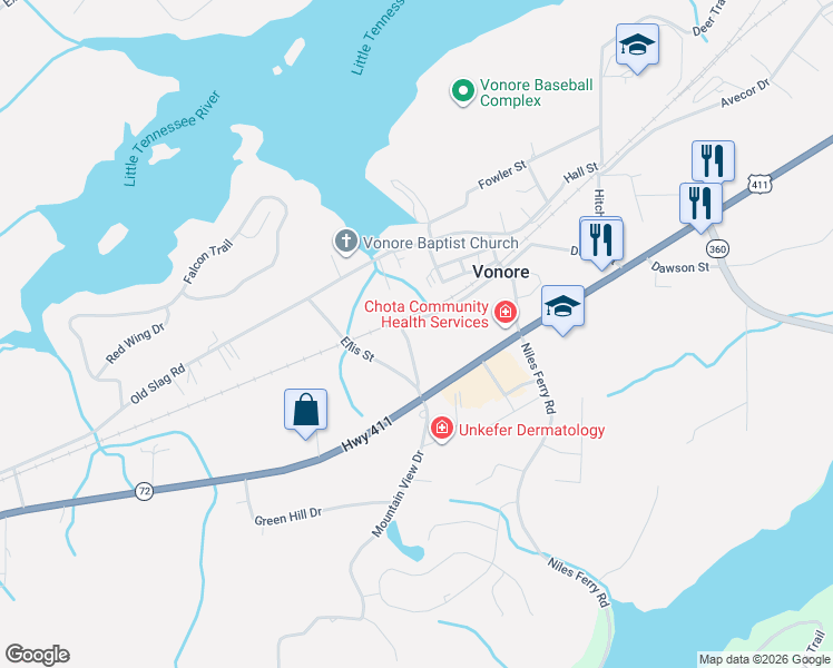 map of restaurants, bars, coffee shops, grocery stores, and more near 359 Depot Street in Vonore