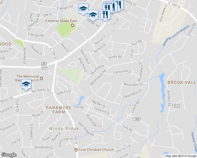 map of restaurants, bars, coffee shops, grocery stores, and more near 1610 Bloomsbury Road in Greenville