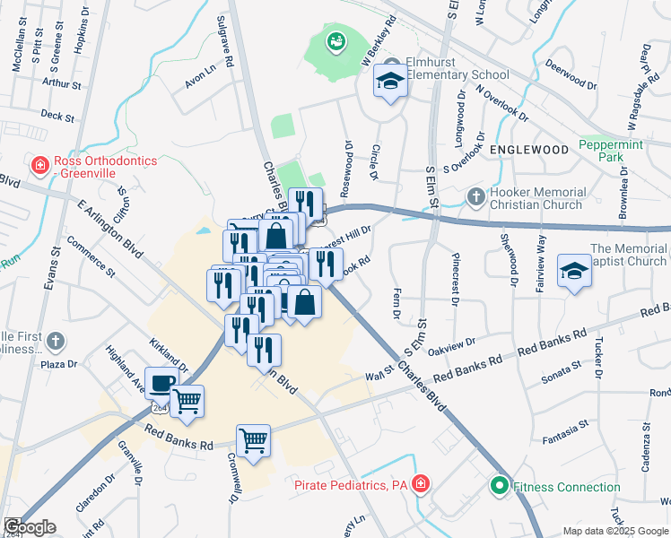 map of restaurants, bars, coffee shops, grocery stores, and more near 2005 Brook Road in Greenville
