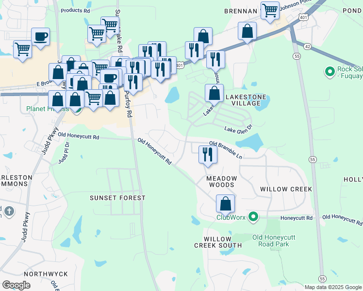 map of restaurants, bars, coffee shops, grocery stores, and more near 1105 Old Bramble Lane in Fuquay-Varina