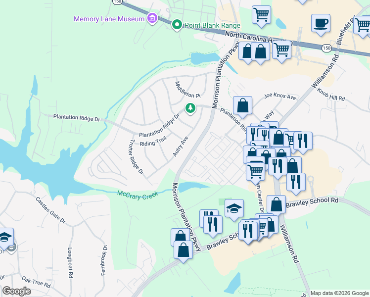 map of restaurants, bars, coffee shops, grocery stores, and more near Morrison Plantation Parkway in Mooresville
