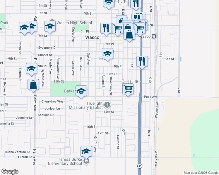 map of restaurants, bars, coffee shops, grocery stores, and more near 1245 Broadway Street in Wasco