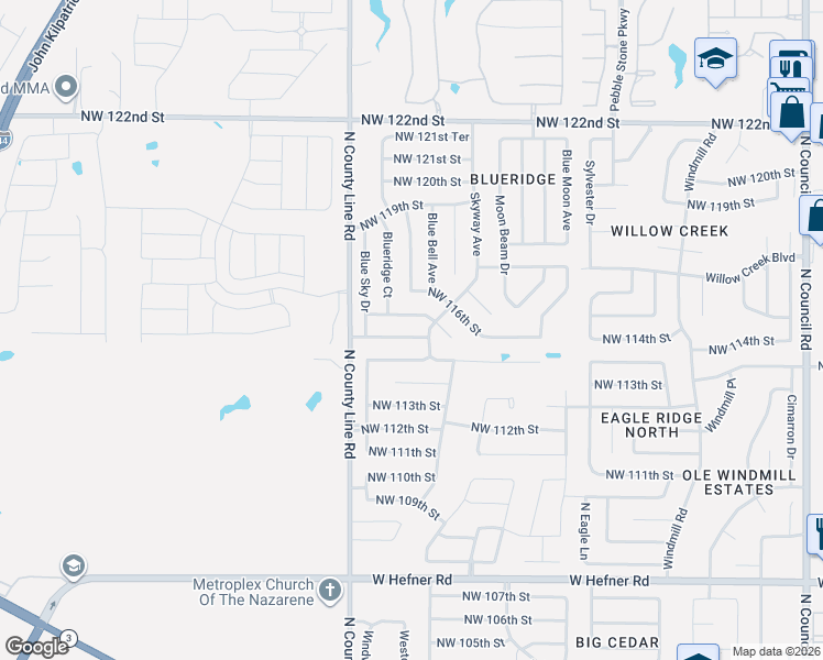 map of restaurants, bars, coffee shops, grocery stores, and more near 8801 Northwest 114th Street in Oklahoma City