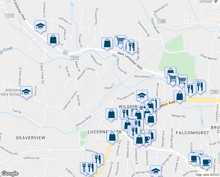 map of restaurants, bars, coffee shops, grocery stores, and more near 62 Debra Lane in Asheville