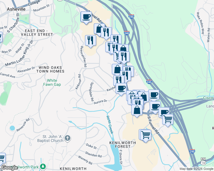 map of restaurants, bars, coffee shops, grocery stores, and more near 200 Aurora Drive in Asheville