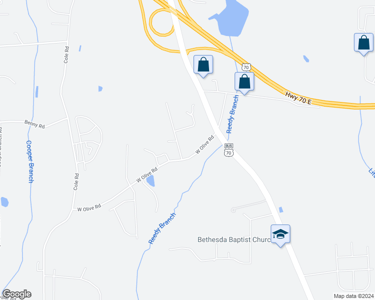 map of restaurants, bars, coffee shops, grocery stores, and more near 174 West Olive Road in Clayton
