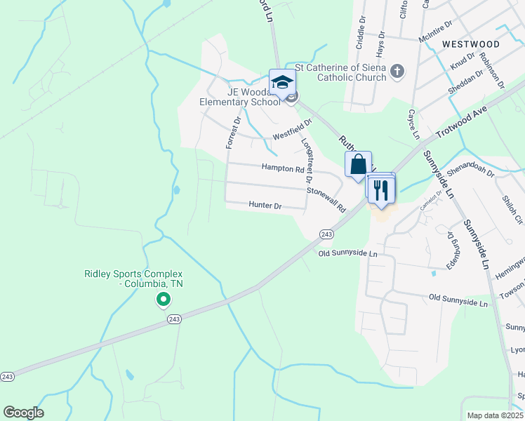 map of restaurants, bars, coffee shops, grocery stores, and more near 213 Hunter Drive in Columbia