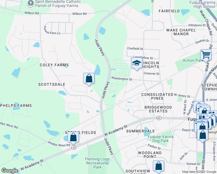 map of restaurants, bars, coffee shops, grocery stores, and more near 212 Coley Farm Road in Fuquay-Varina