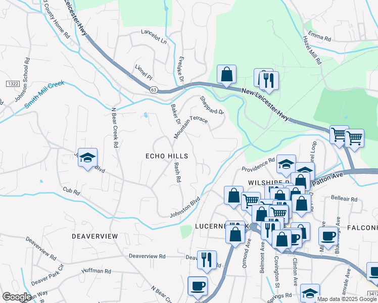 map of restaurants, bars, coffee shops, grocery stores, and more near 51 Baker Drive in Asheville