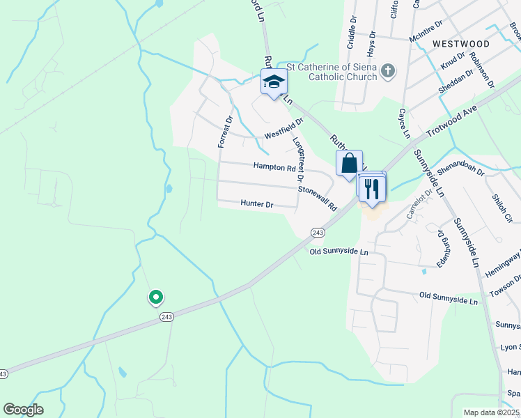 map of restaurants, bars, coffee shops, grocery stores, and more near 213 Hunter Drive in Columbia