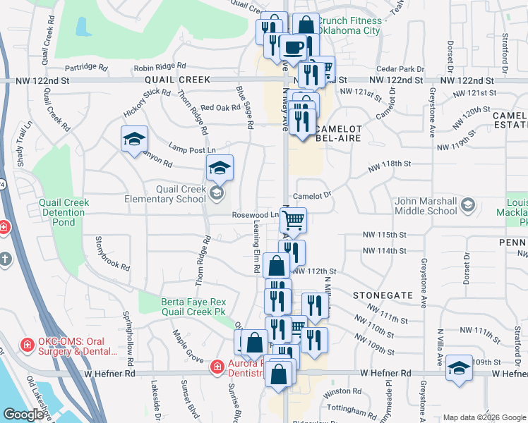 map of restaurants, bars, coffee shops, grocery stores, and more near 3001 Willow Brook Road in Oklahoma City