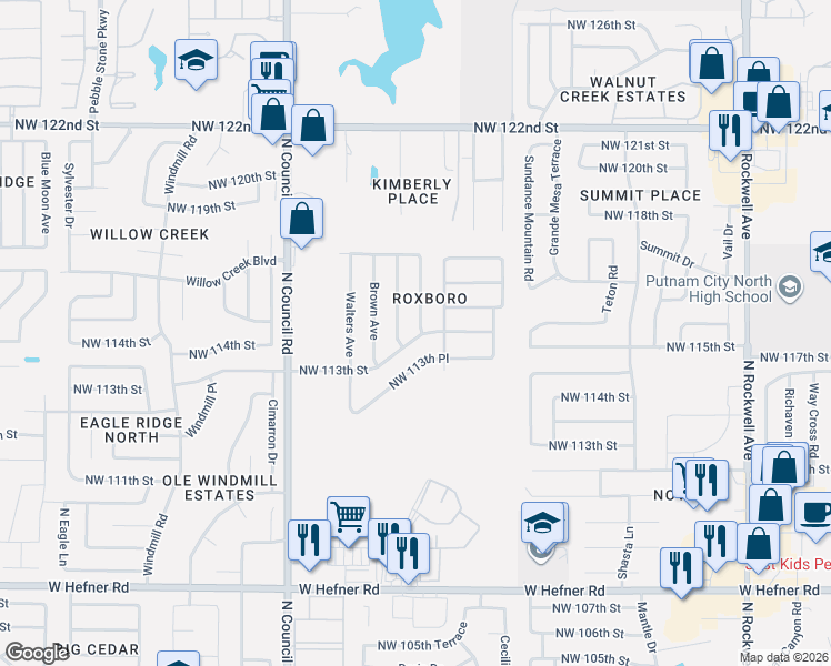 map of restaurants, bars, coffee shops, grocery stores, and more near 7624 Northwest 113th Street in Oklahoma City