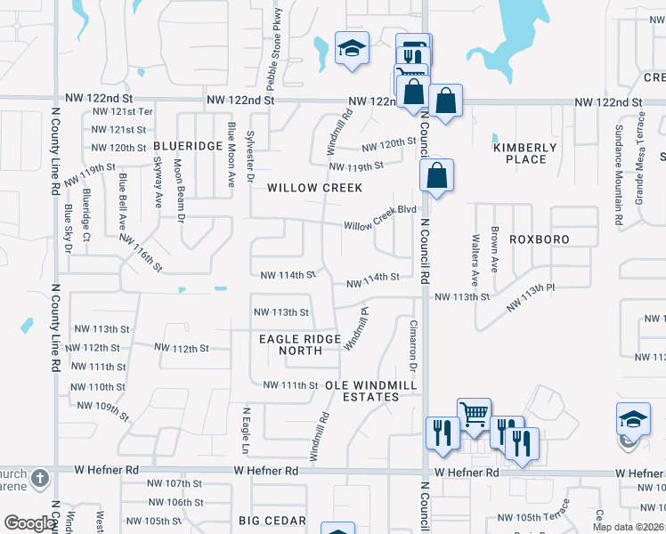 map of restaurants, bars, coffee shops, grocery stores, and more near 11412 Windmill Road in Oklahoma City