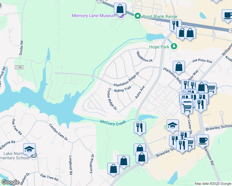 map of restaurants, bars, coffee shops, grocery stores, and more near 131 Riding Trail in Mooresville
