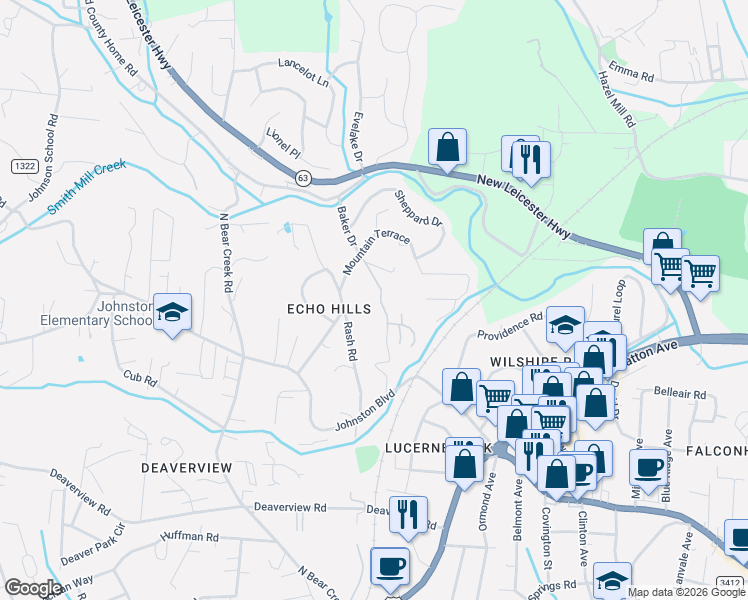 map of restaurants, bars, coffee shops, grocery stores, and more near 51 Baker Drive in Asheville