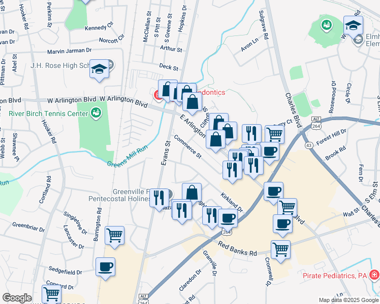 map of restaurants, bars, coffee shops, grocery stores, and more near 202 Commerce Street in Greenville