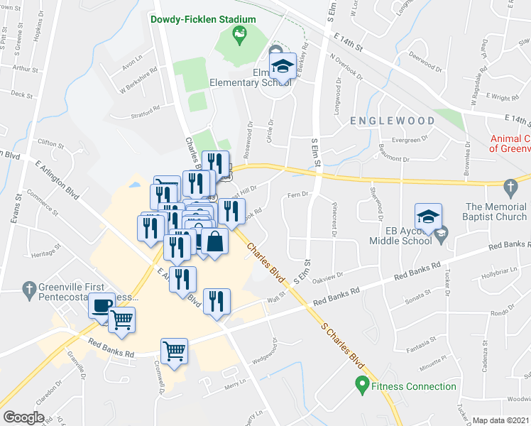 map of restaurants, bars, coffee shops, grocery stores, and more near 1900 Brook Road in Greenville