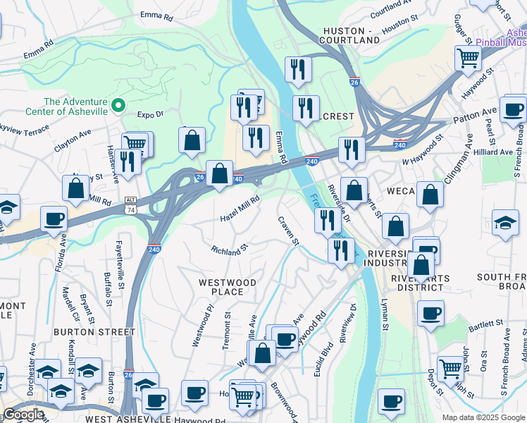 map of restaurants, bars, coffee shops, grocery stores, and more near 19 Toxaway Street in Asheville