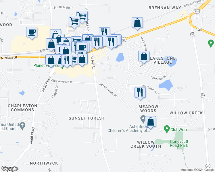 map of restaurants, bars, coffee shops, grocery stores, and more near 1305 Old Bramble Lane in Fuquay Varina